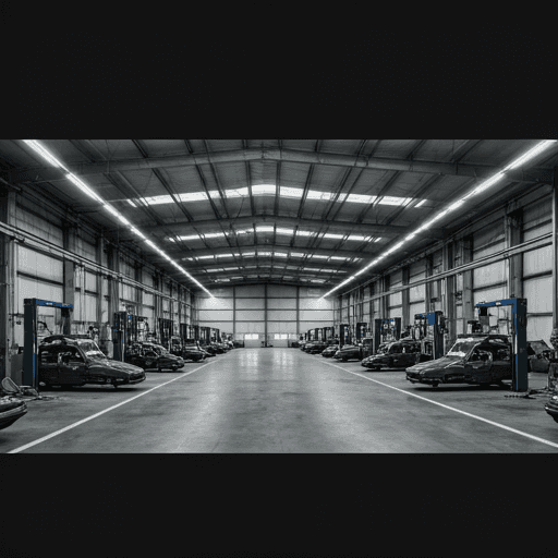 A wide-angle interior of a modern automotive service facility with multiple bays and high-tech equipment, rendered in a navy-blue duotone.