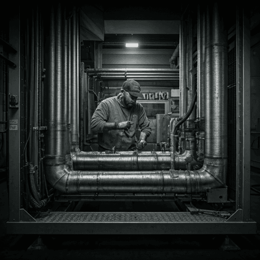An HVAC technician working inside a commercial service bay — black and white, calloused hands on heavy equipment.