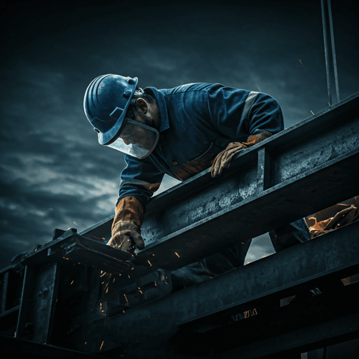 An ironworker in heavy protective gear on a high-rise steel structure during dusk — sparks against a navy-blue background.