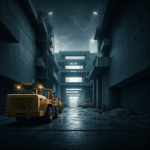 A massive construction site with heavy yellow machinery and concrete structures during the blue hour.